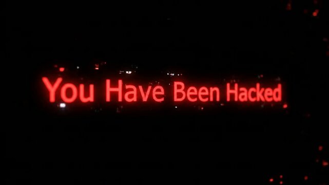 cybersecurity warning message glowing red hacked notification text on dark space background minimalist digital hacking alert interface dramatic futuristic cyber threat warning display