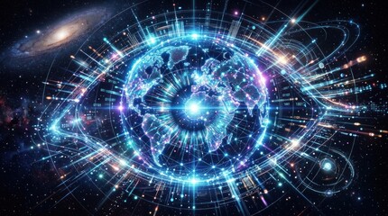 Obraz premium A vibrant, futuristic digital artwork depicts a glowing, stylized Earth encompassed within a colossal, radiant eye.