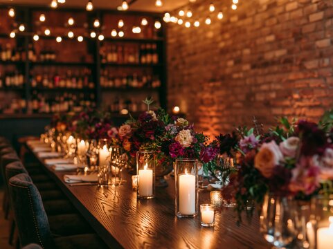 Intimate speakeasy wedding reception interior featuring long wooden table adorned with floral arrangements and candles, warm lighting, and a brick wall backdrop