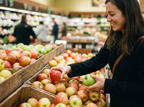 Woman choosing fresh apples at a grocery store
