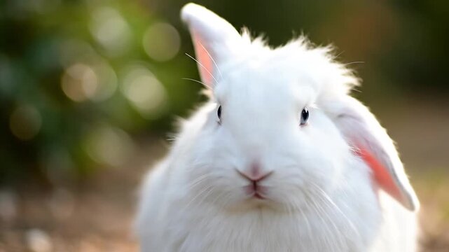 Adorable fluffy white rabbit with pink ears looking directly at the camera in a natural outdoor setting, showcasing its gentle and curious nature with soft, bright fur
