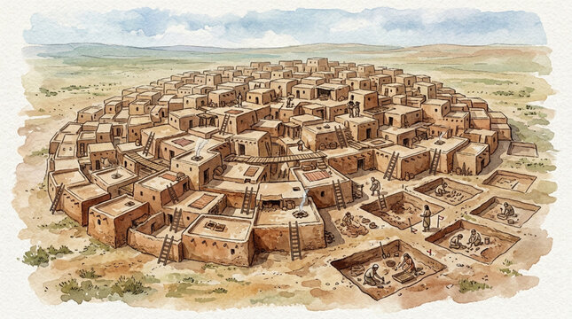 Ancient mudbrick settlement excavation site watercolor catalhoyuk