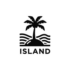 Obraz premium Tropical island silhouette with palm tree and waves simple black graphic on a white background high quality professional detailed modern