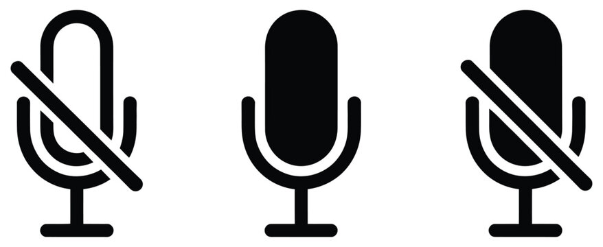 Microphone and muted microphone minimal black line vector illustration icons for audio, voice input, podcast, and sound settings