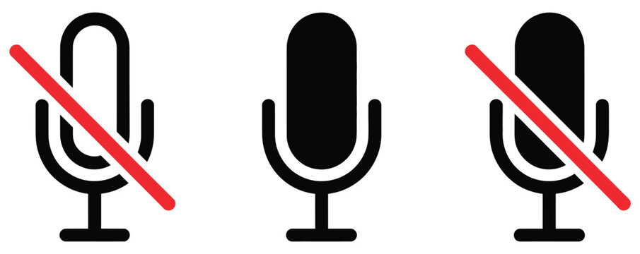 Microphone and muted microphone icon set vector illustration featuring simple line symbols for mute, audio control, and recording interface