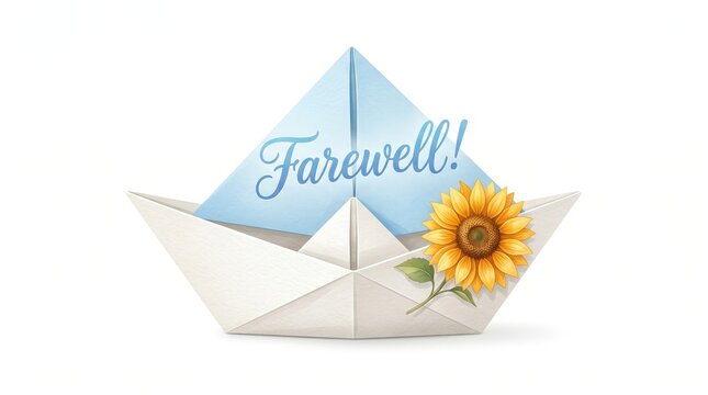 origami paper boat with farewell message and sunflower on white background