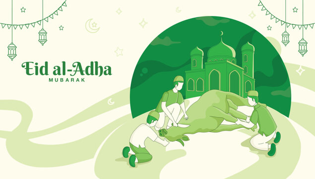 Eid al Adha greeting card. Muslim people slaughtering a cow during Eid al-Adha mubarak, the feast of sacrifice