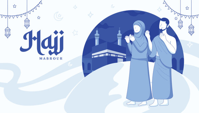 Hajj Mabrour background with muslim man and woman Hajj Character and Kaaba in the background