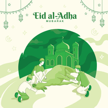 Eid al Adha greeting card. Muslim people slaughtering a cow during Eid al-Adha mubarak, the feast of sacrifice