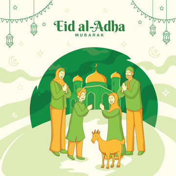 Eid al Adha greeting card. cartoon muslim family celebrating Eid al Adha with a goat for sacrificial animal