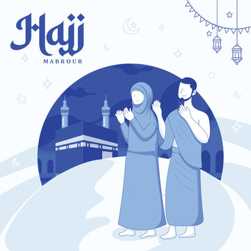 Hajj Mabrour background with muslim man and woman Hajj Character and Kaaba in the background