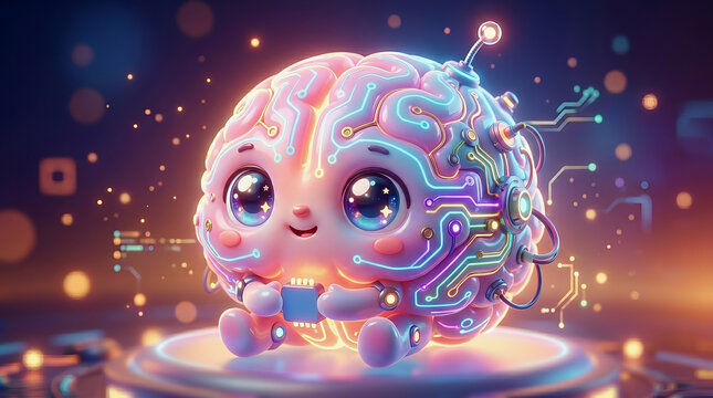 Cute cartoon brain character with glowing circuitry and digital data streams floating in futuristic tech environment