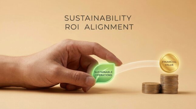Hand holding a coin with words sustainability roi alignment representing financial responsibility and growth