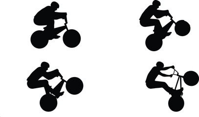 Naklejka premium Professional bmx rider performing various gravity defying stunts and tricks with a bicycle during a high energy urban extreme sports competition captured in crisp black silhouette art on transparent b