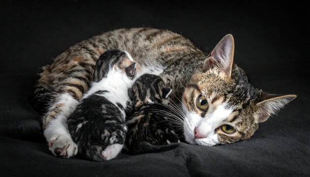Mother cat snuggles with three tiny kittens