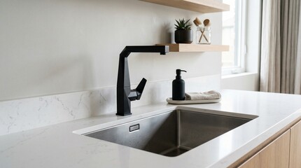 Fototapeta premium Modern minimalist kitchen countertop with sleek black faucet and decorative shelf elements in a bright well-lit space perfect