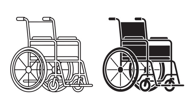 Wheelchair icon with black and white design and filled seat featuring accessibility, mobility aid, disability with medical equipment and healthcare