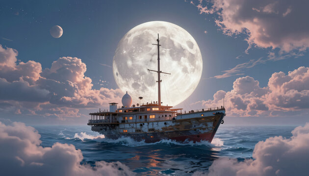 Altes Schiff vor gigantischem Vollmond bei Nacht