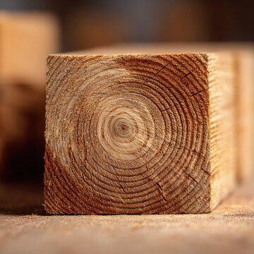 Detailed view of wooden beam end showing annual growth rings and natural texture on a blurred background in warm light ambiance