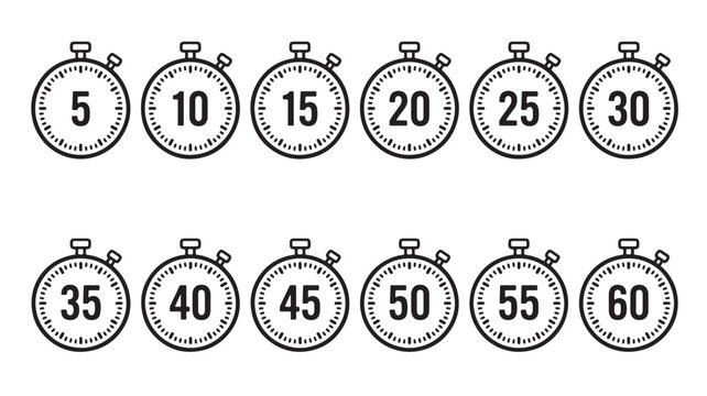 Stopwatch timer icons with numbered seconds 5 10 15 20 25 30 35 40 45 50 55 60 for training and timing