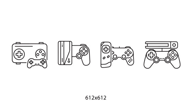 Game controllers set with plus and circle buttons for video gaming featuring controller icons, controller design, gamepad with joystick and