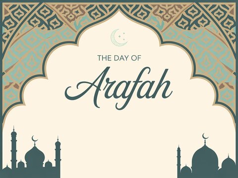 The day of arafah greeting card design with islamic mosque silhouette and traditional pattern