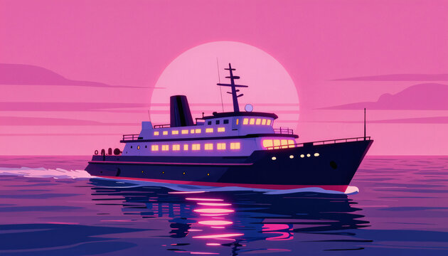 Modernes Schiff vor Sonnenuntergang im Retro-Stil