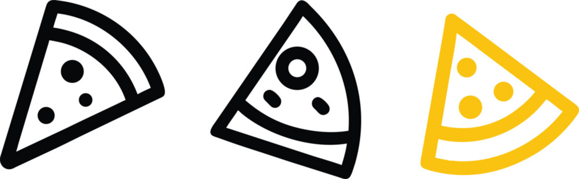 Pizza slice vector icons set showing different styles of italian fast food snacks with pepperoni toppings crust and cheese for restaurant menu and delivery logos.