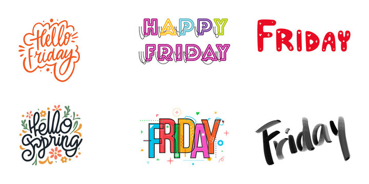 Colorful set of Friday and Spring typography lettering designs for social media and greeting cards