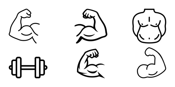 Strong muscular arm bicep flexing icon outline on black background for fitness and gym branding