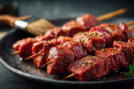 Seasoned raw beef chunks threaded onto wooden skewers on a black plate ready for grilling with spices and herbs in a close-up gourmet cooking presentation