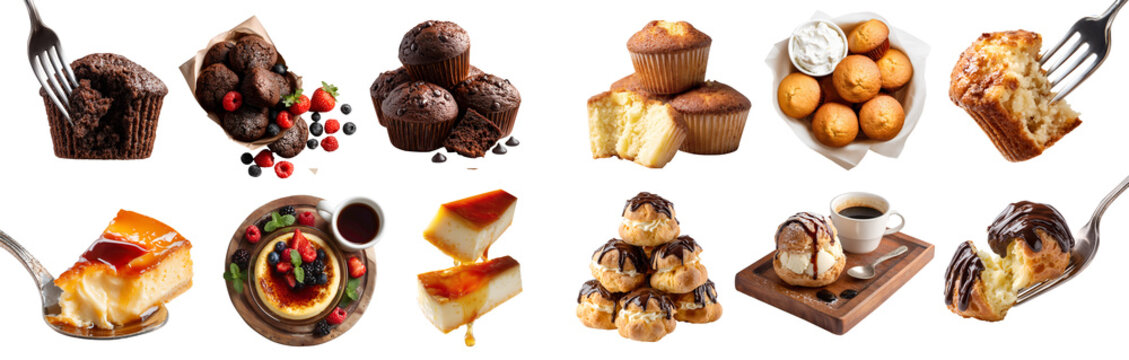 Set of 4 bread cake sweet pastry, fork spoon plated serve, Profiterole Cream Puff with ganache, Caramel flan pudding custard, Basic chocolate cocoa muffin, transparent cutout PNG mockup