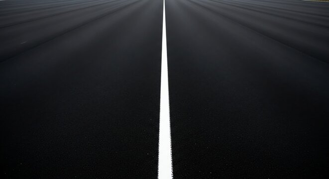 Close-up of a freshly paved road with a central dividing line under bright sunlight.