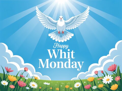 Happy whit monday greeting card with a white dove flying over a beautiful spring meadow with colorful flowers and blue sky