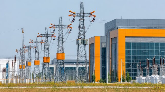 High voltage power lines stretch away from a modern electrical substation building.