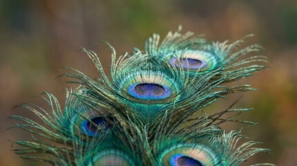 Obraz premium Vibrant peacock feathers display blue eyespots in natural outdoor setting