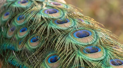Fototapeta premium A vibrant peacock displays its colorful feathers in a natural setting outdoors.