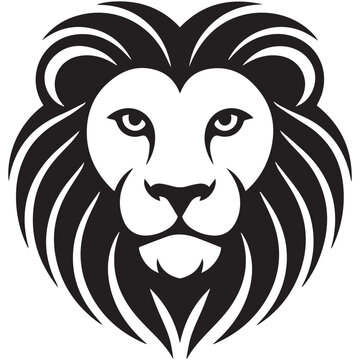 Black and white lion head with mane isolated on white background