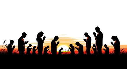 Obraz premium Silhouette of people praying at sunset, Muslim community, Islamic faith, religious gathering isolated on White Background