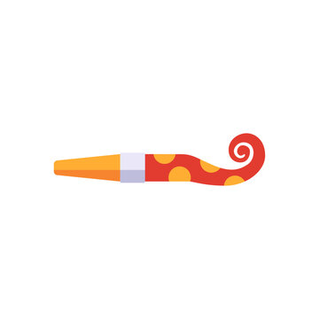 Birthday party blower noisemaker with curled paper tube, colorful illustration