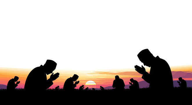 eid Icon Islamic prayer, Muslim people silhouettes, sunset background, religious faith, worship concept isolated on White Background vactor EPS