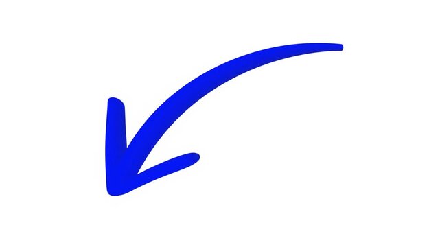 Animated blue curved arrow drawing from top to bottom left. Motion graphics pointing down and left on white, isolated element