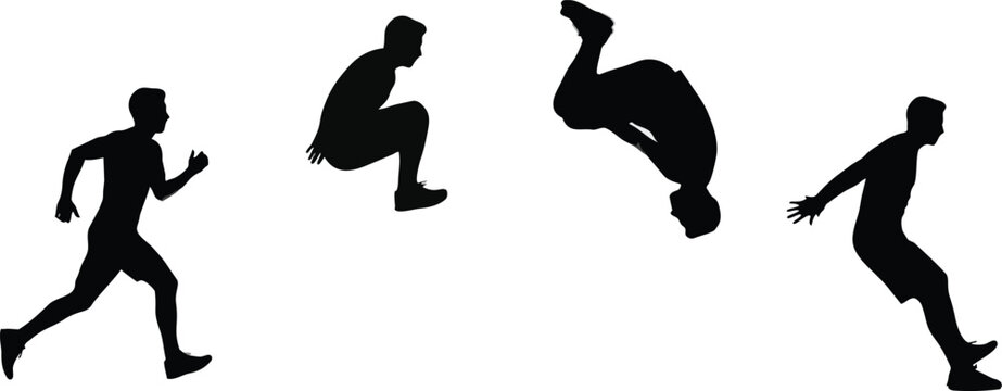 Athletic young man performing a dynamic parkour backflip sequence consisting of running jumping and rotating in the air showing extreme physical agility and explosive power isolated on a transparent b