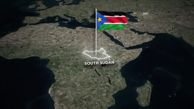 South Sudan Map Animation with 3D Waving of South Sudan National Flag and Glowing Border Animation on World Map