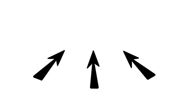 Three thick black arrows appearing one by one and pointing up to the same place. Triple bold arrow animation on white, isolated motion graphics