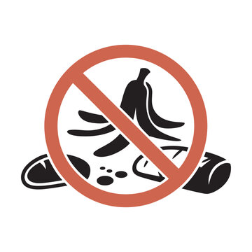 Prohibition sign illustration for food waste and garbage disposal, no dumping symbol with crossed circle over food scraps and trash