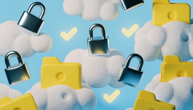 Secure cloud storage with fluffy clouds folders and padlocks data privacy concept in a digital environment
