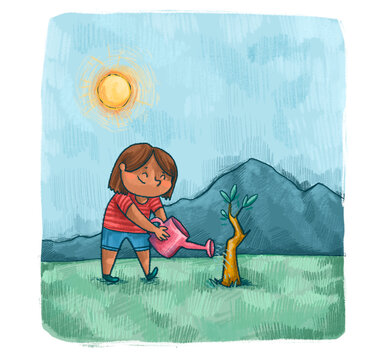 Ni&ntilde;a regando un &aacute;rbol