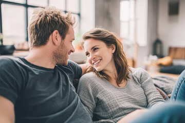 Fototapeta premium A couple sits closely on a couch, smiling and looking into each other