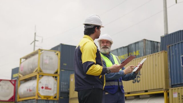 Two logistics workers collaborate on a tablet and clipboard, inspecting cargo manifests for supply chain management at an industrial shipping container yard.